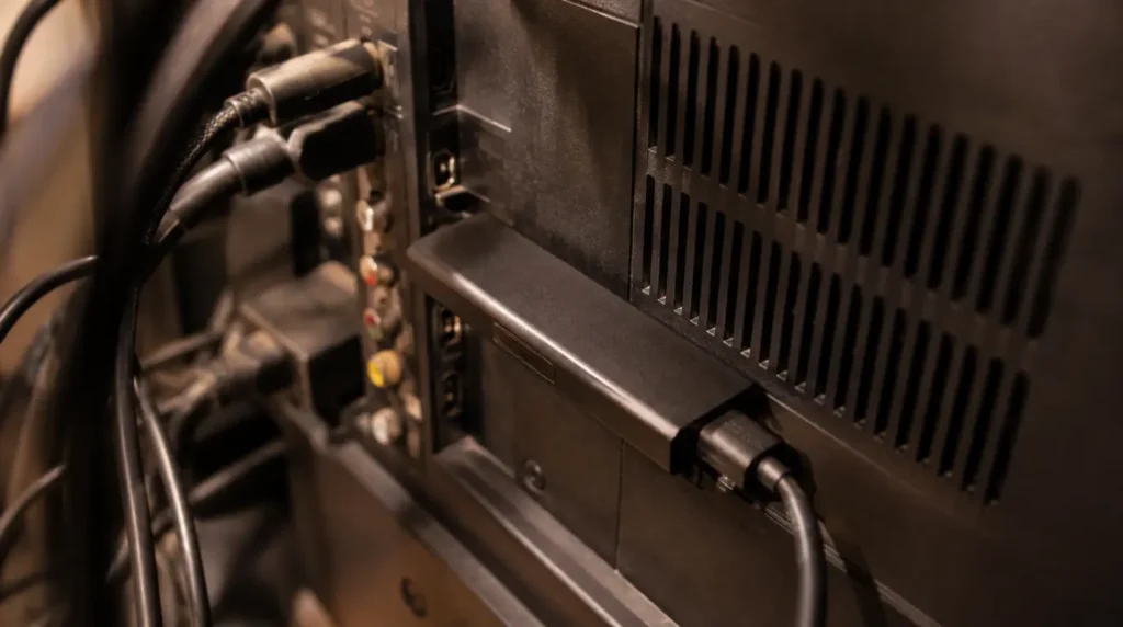 Streaming stick plugged into TV HDMI port near the rear vents, close-up view