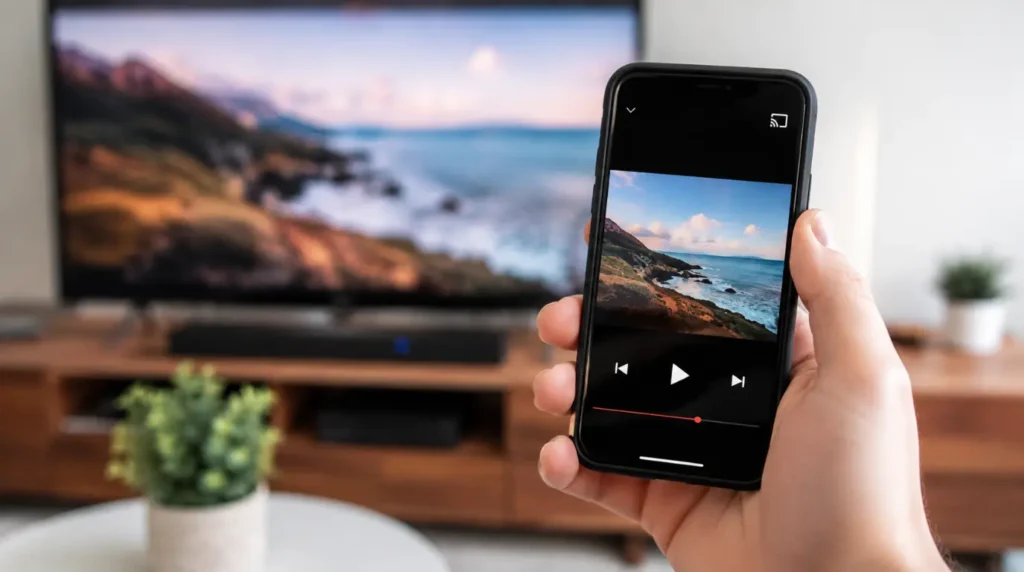 iPhone showing YouTube AirPlay icon while casting video to a TV in the background