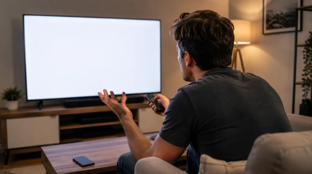 Person confused by a white TV screen while holding the remote on the couch