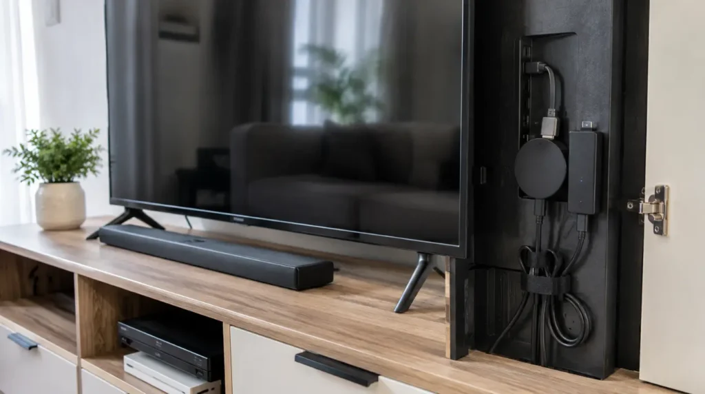 Organized entertainment center with Chromecast and Fire TV Stick neatly connected