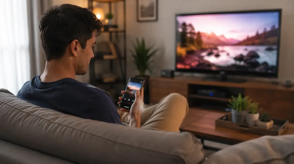 Person checking YouTube on their phone with the TV playing normally in the background